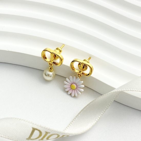 Christian Dior CD Asymmetrical Pearl Daisy Stud Earrings