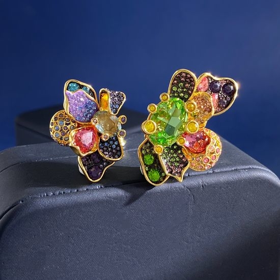 Swarovski Asymmetric Colored Diamond Flower Ear Clips