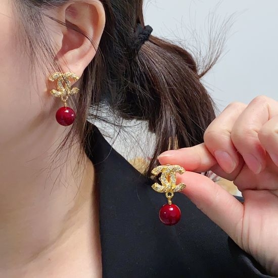 Chanel Red Pearl Pendant Elegant Stud Earrings
