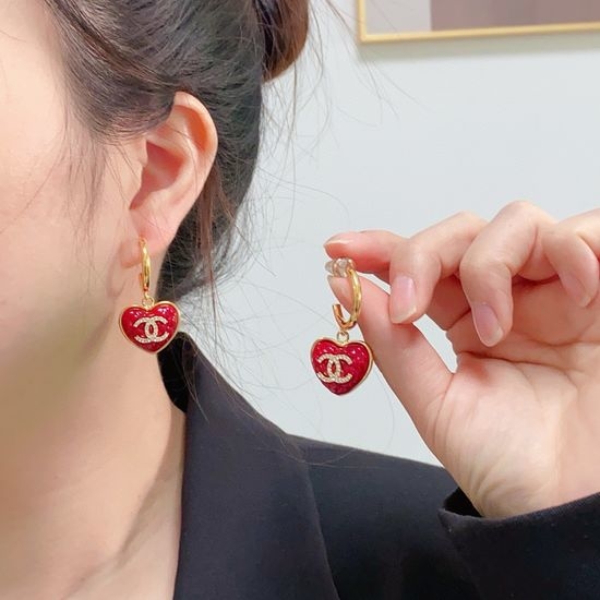 Chanel Red Heart Rhinestone Elegant Drop Earrings