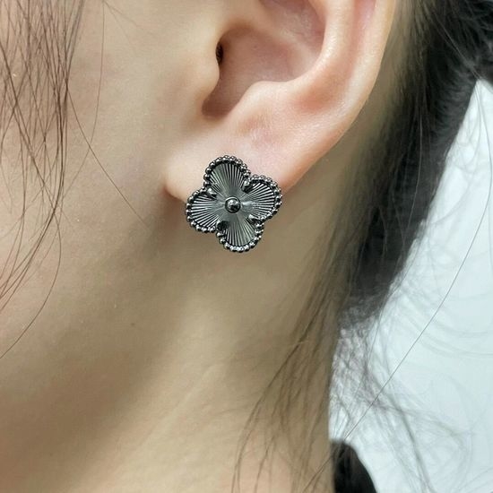 Van Cleef & Arpels VCA Laser Black Clover Clip Earrings