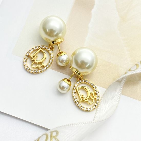 Christian Dior CD Gold Oval DR Letter Double Pearl Earrings