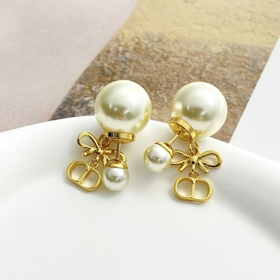 Christian Dior CD Gold CD Bow Double Pearl Earrings