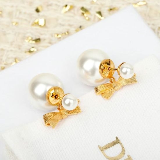 Christian Dior CD Bow-Shaped Earrings with Metal and Pearl Accents