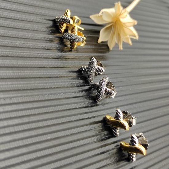 David Yurman Pavé X Shaped Stud Earrings Two Tone