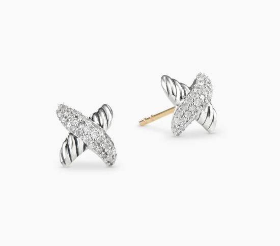 David Yurman Silver Pavé X-shaped Stud Earrings